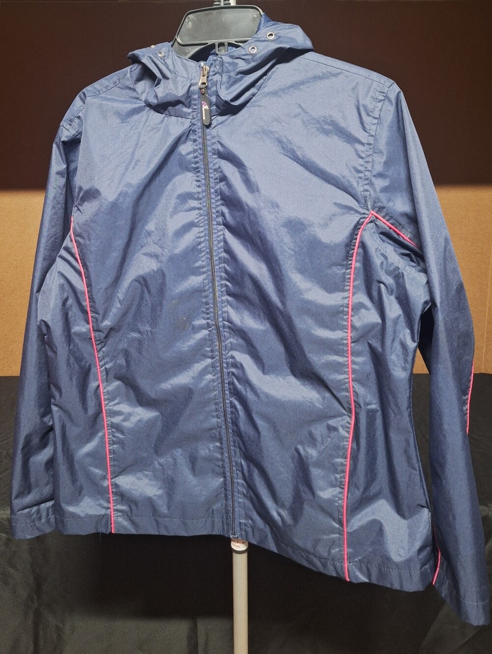 Ladies Navy Hooded Rain Jacket with Pink Piping
